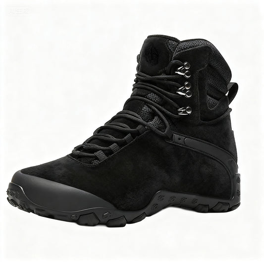 Black waterproof hiking boots, mid-cut ankle protection, lightweight, wear-resistant, non-slip rubber outsole, anti-collision toe tactical boots