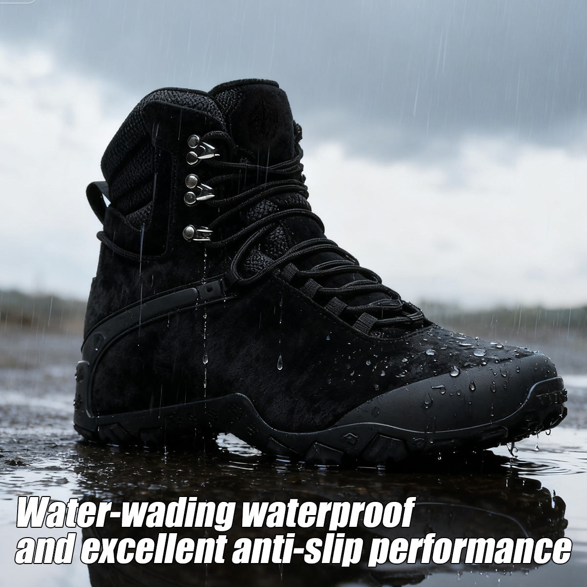Black waterproof hiking boots, mid-cut ankle protection, lightweight, wear-resistant, non-slip rubber outsole, anti-collision toe tactical boots