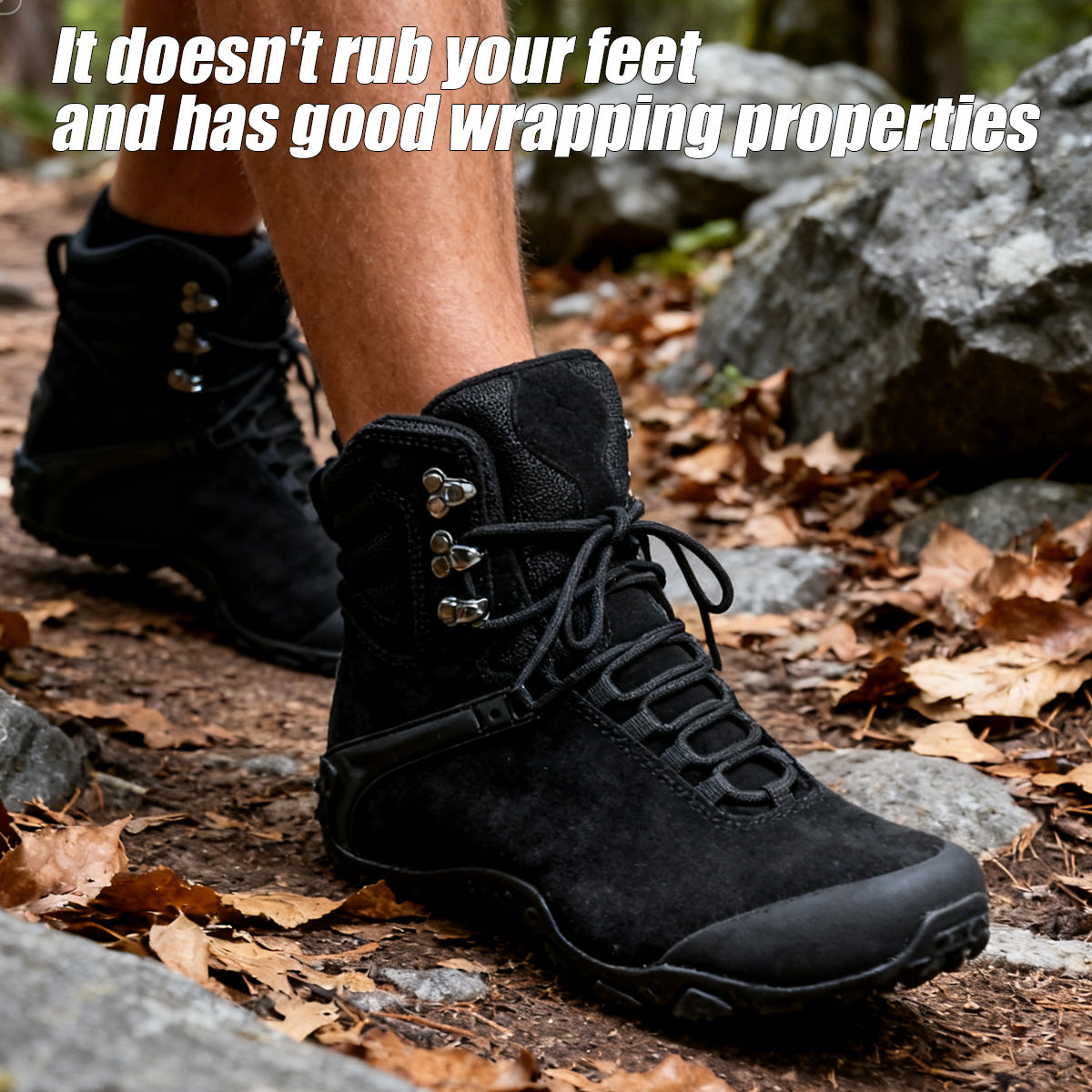 Black waterproof hiking boots, mid-cut ankle protection, lightweight, wear-resistant, non-slip rubber outsole, anti-collision toe tactical boots