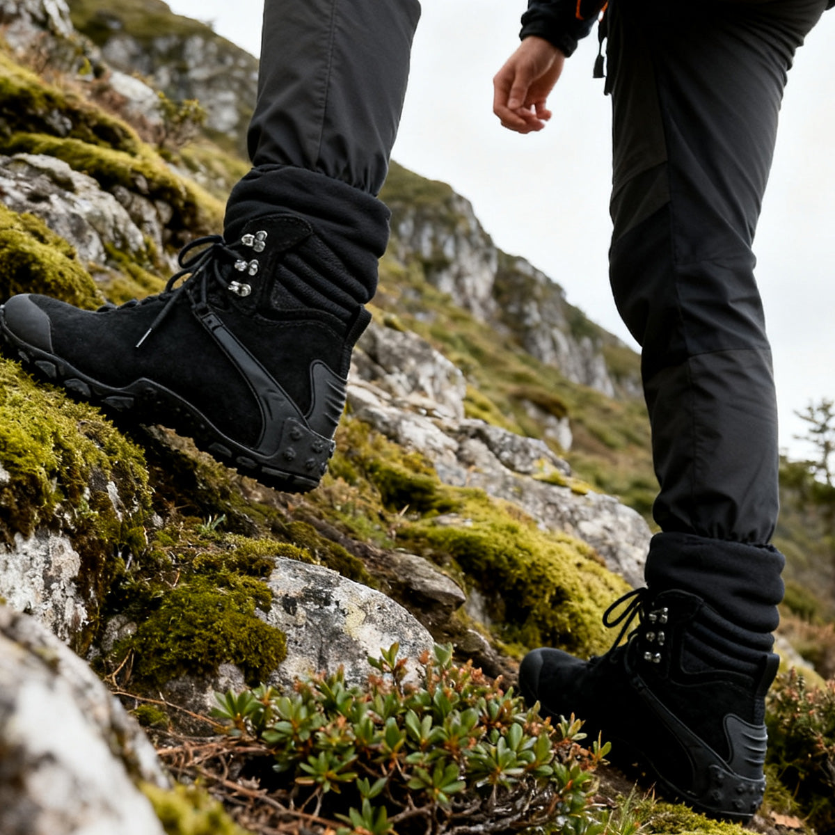 Black waterproof hiking boots, mid-cut ankle protection, lightweight, wear-resistant, non-slip rubber outsole, anti-collision toe tactical boots