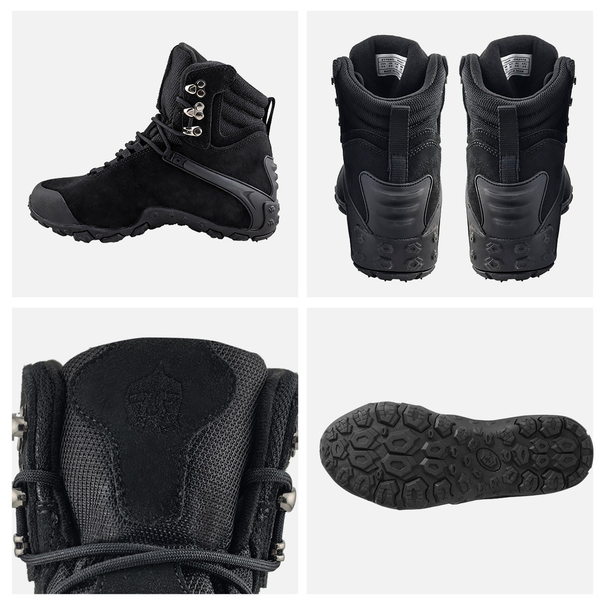 Black waterproof hiking boots, mid-cut ankle protection, lightweight, wear-resistant, non-slip rubber outsole, anti-collision toe tactical boots