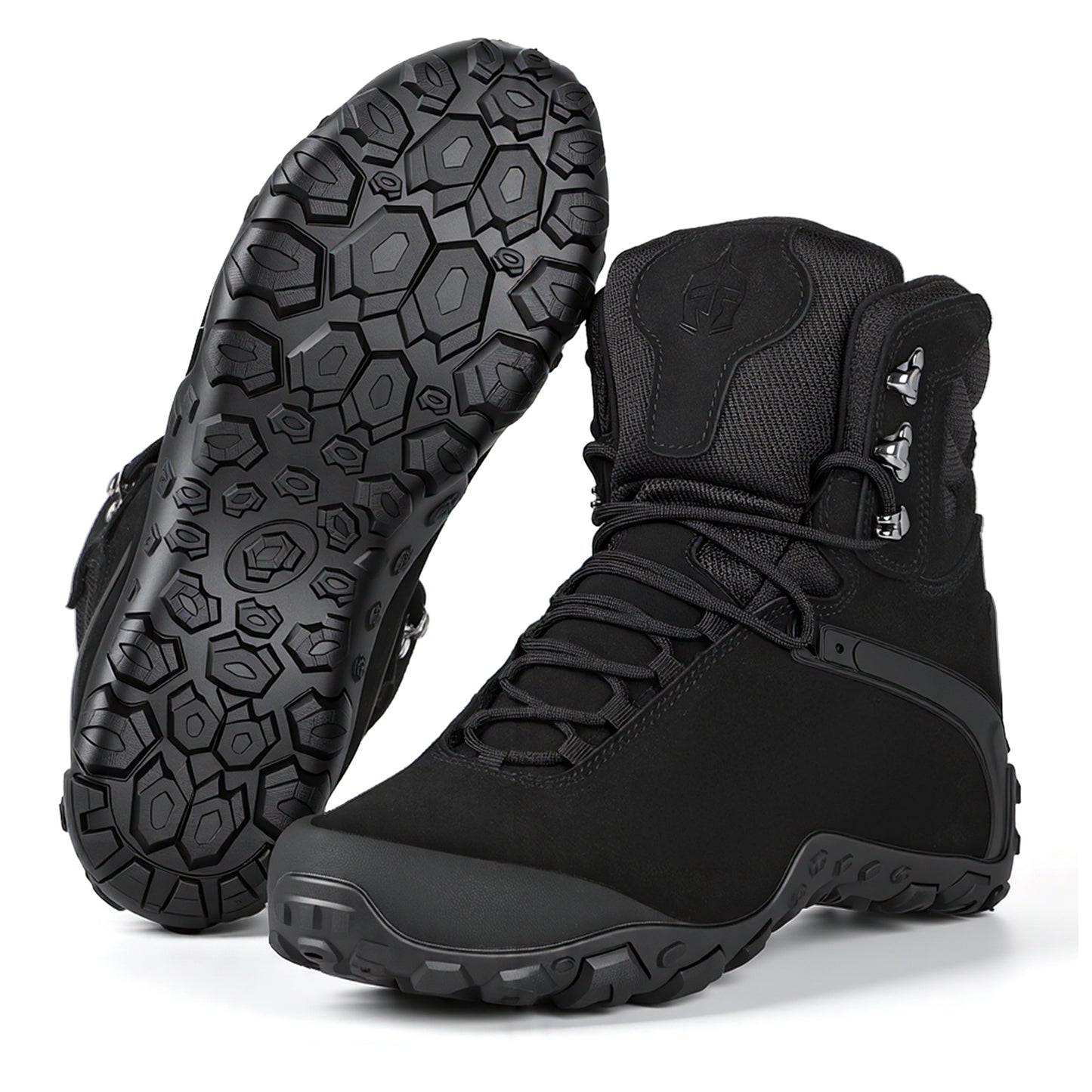 Black waterproof hiking boots, mid-cut ankle protection, lightweight, wear-resistant, non-slip rubber outsole, anti-collision toe tactical boots