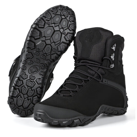 Black waterproof hiking boots, mid-cut ankle protection, lightweight, wear-resistant, non-slip rubber outsole, anti-collision toe tactical boots