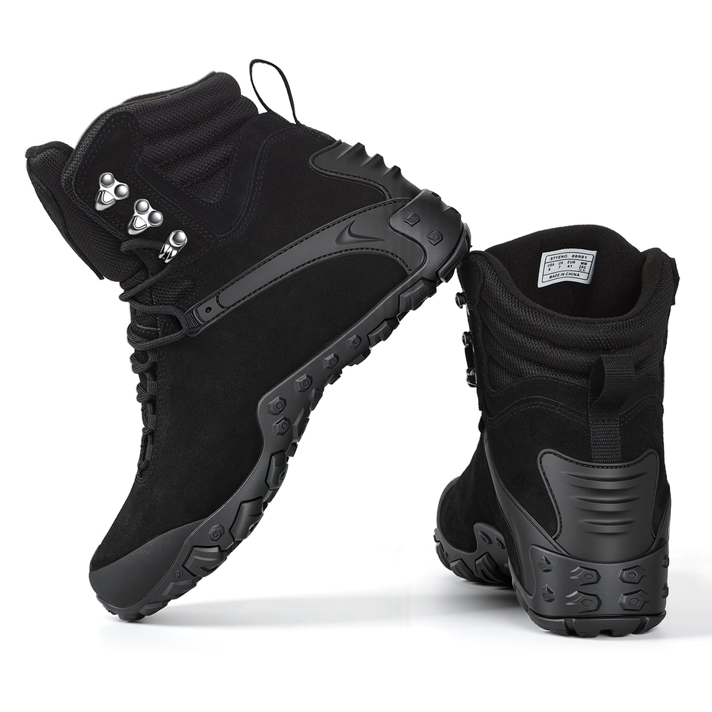 Black waterproof hiking boots, mid-cut ankle protection, lightweight, wear-resistant, non-slip rubber outsole, anti-collision toe tactical boots