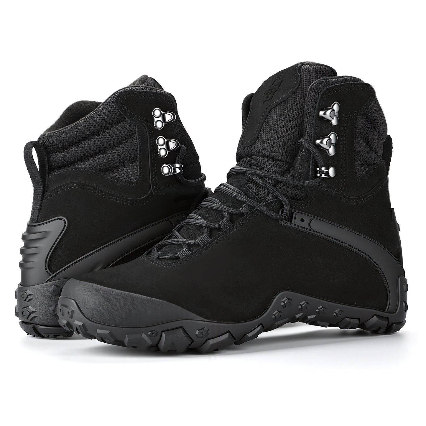 Black waterproof hiking boots, mid-cut ankle protection, lightweight, wear-resistant, non-slip rubber outsole, anti-collision toe tactical boots