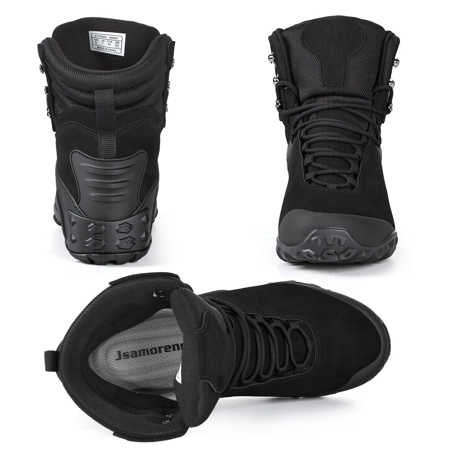 Black waterproof hiking boots, mid-cut ankle protection, lightweight, wear-resistant, non-slip rubber outsole, anti-collision toe tactical boots