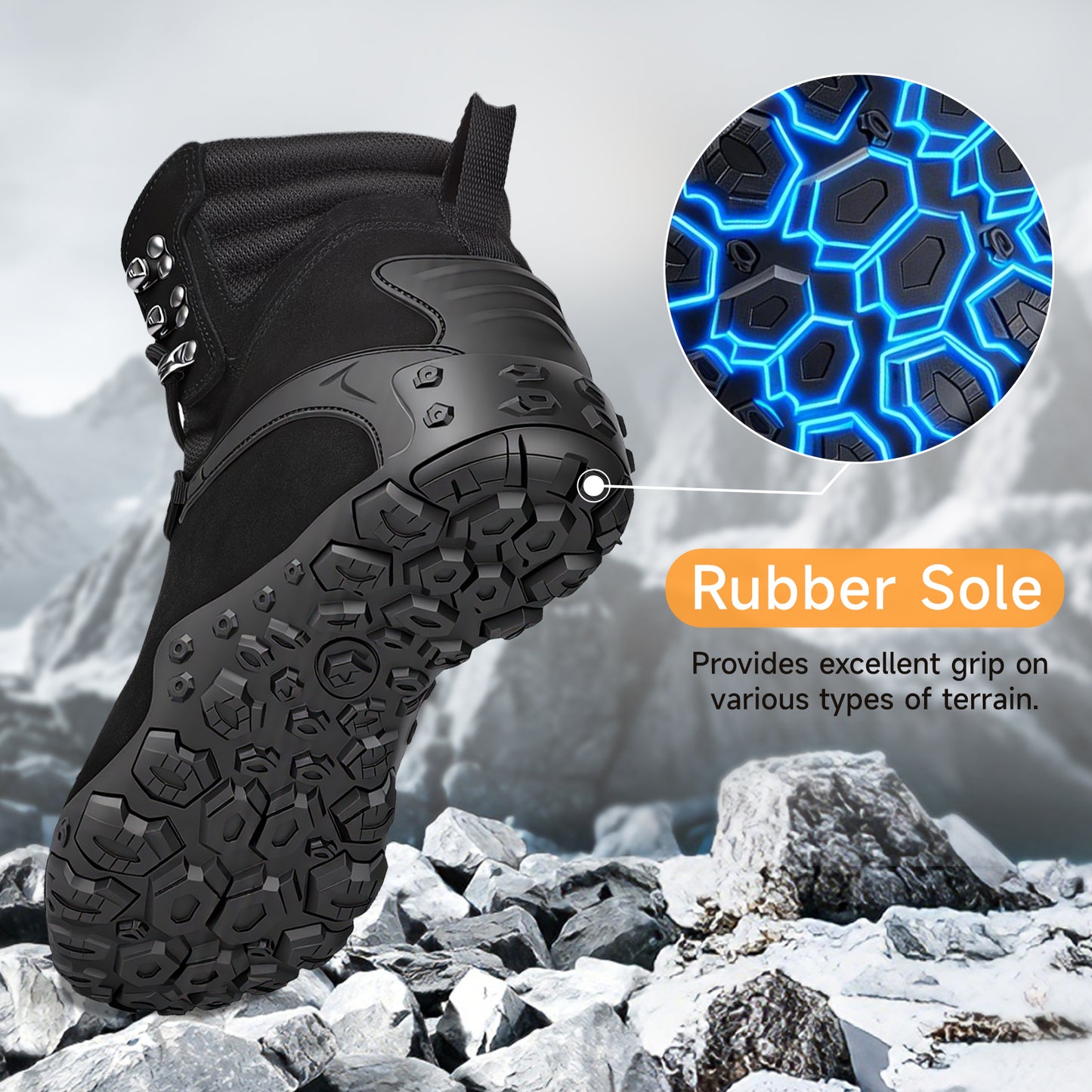 Black waterproof hiking boots, mid-cut ankle protection, lightweight, wear-resistant, non-slip rubber outsole, anti-collision toe tactical boots