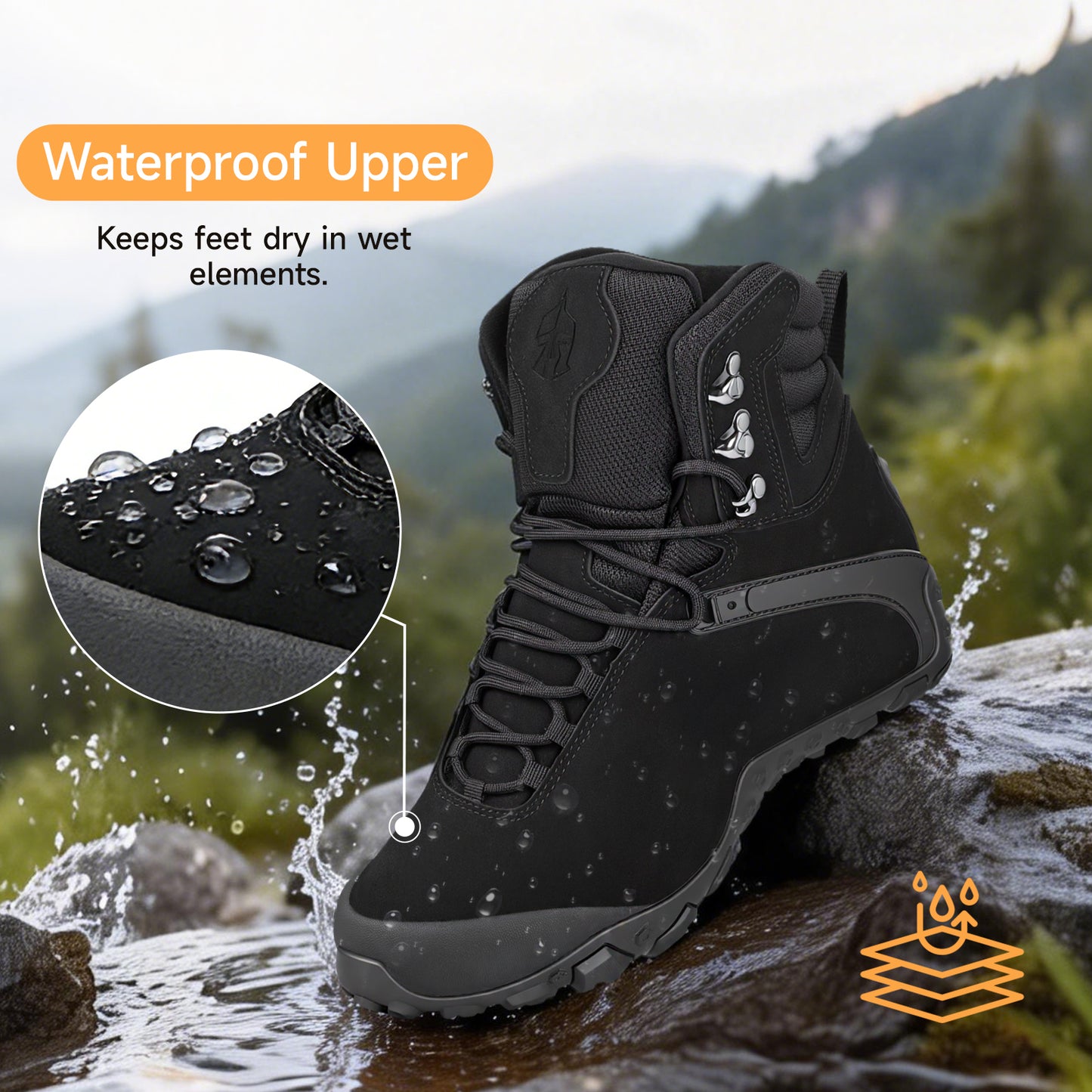 Black waterproof hiking boots, mid-cut ankle protection, lightweight, wear-resistant, non-slip rubber outsole, anti-collision toe tactical boots